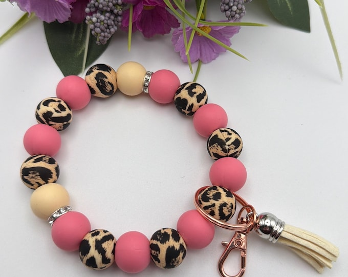 Leopard Print Wristlet/Keychain | Pink Bead Wristlet/Keychain