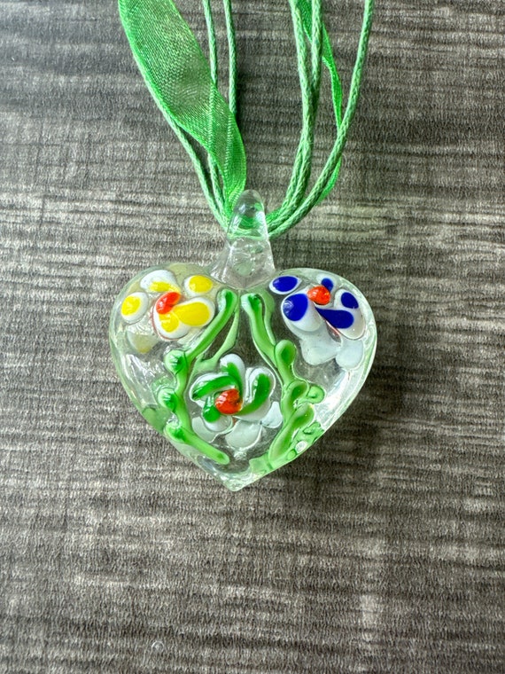 Multi-Color Flower Pendant | Lampwork Flower Heart Pendant Necklace
