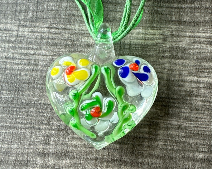 Multi-Color Flower Pendant | Lampwork Flower Heart Pendant Necklace