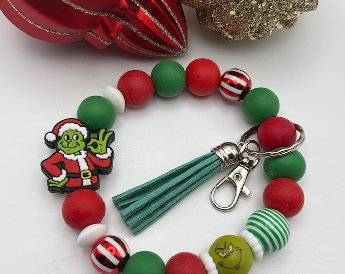 Grinch Silicone Bead Wristlet Keychain | Christmas Wristlet/Keychain