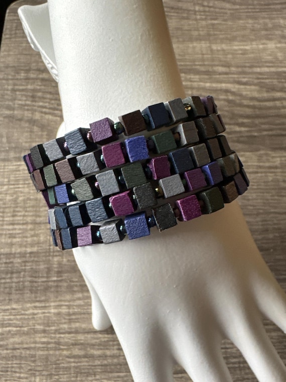 Multi-Strand Colored Wood Cube Memory Wire Bracelet