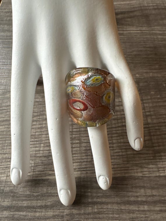 Gold ColorThick Band Millefiori Flower Statement Glass Ring