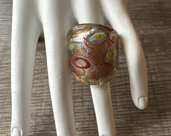 Gold ColorThick Band Millefiori Flower Statement Glass Ring