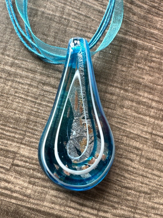 Blue Glass Drop Pendant | Thick Blue Drop Pendant | Drop Glass Pendant Necklace