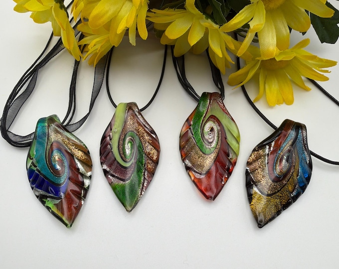 Murano Inspired Glass Leaf Pendant | Multi-Color Leaf Pendant Necklace | Lampwork Glass Leaf Pendant