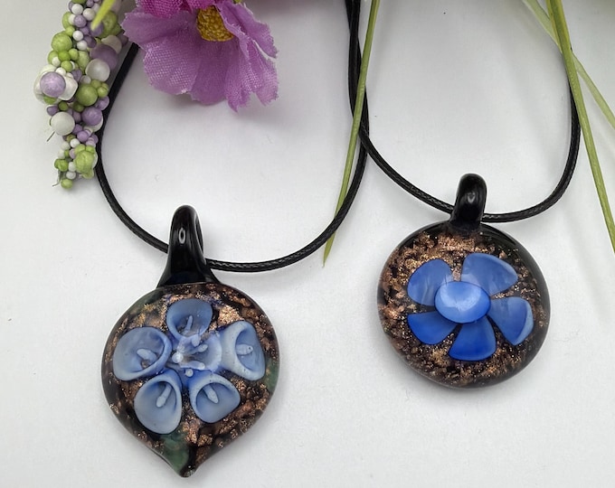 Blue Flower Pendant | Murano Inspired Glass Flower | Flower Pendant Necklace | Lampwork Glass Pendant Necklace