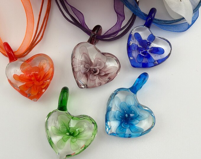 Flower Heart Pendant Necklace | Lampwork Flower Pendant | Colorful Flower Pendant Necklace