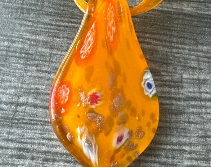 Orange Millefiori Drop Glass Pendant Necklace**