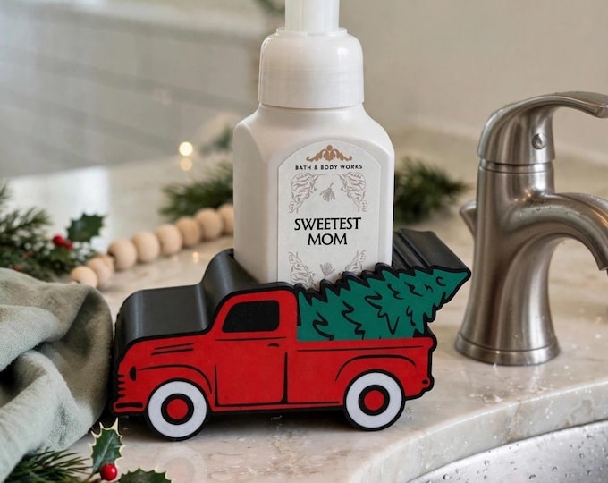 Christmas Red Truck Soap Dispenser Holder – Red Truck with Tree, Holiday Bathroom Decor, 3D Printed