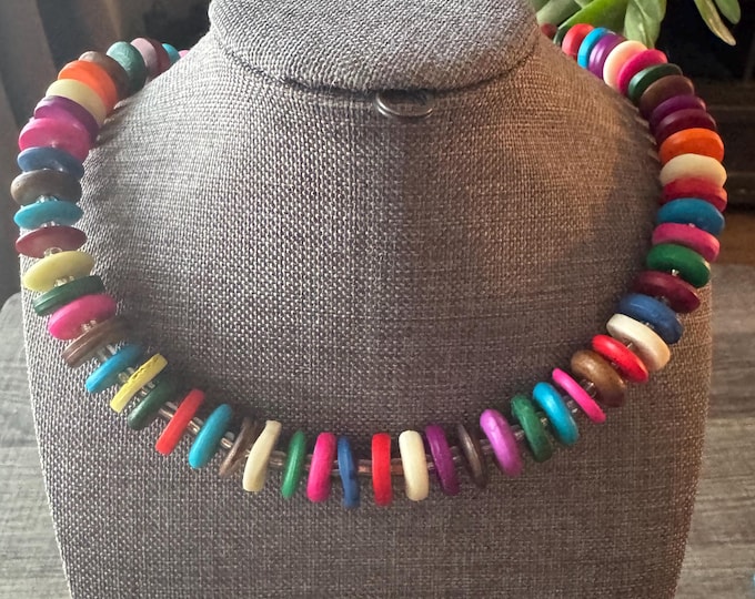Colorful Statement Necklace |  Multi-Color Wooden Bead Necklace | Choker Style Necklace