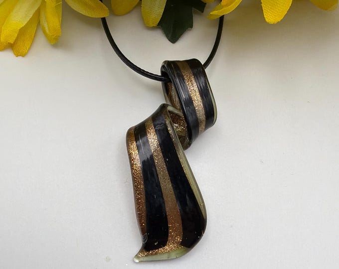 Black/Gold Striped Spiral Pendant Necklace | Murano Inspired Glass Spiral | Striped Pendant Necklace | Lampwork Glass Spiral Pendant