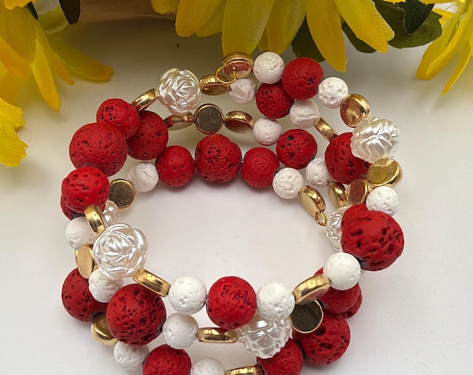 Red and White Lava Bead Memory Wire Bracelet | Lava Bead Bracelet | Memory Wire Bracelet
