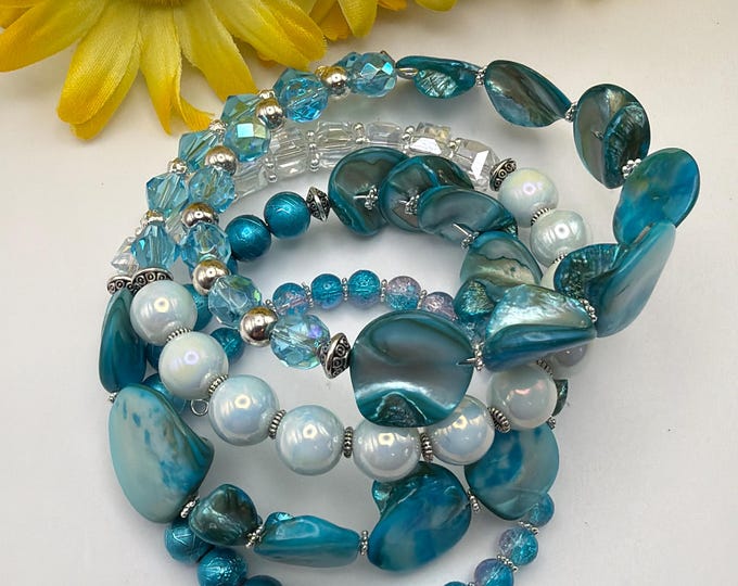 Blue Shell & Aqua Chip Memory Wire Bracelet | Multi-Strand Bracelet