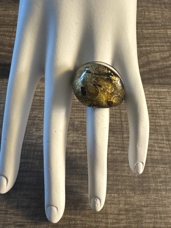Gold/Black Design Statement Murano Glass Ring - Size 9 1/4