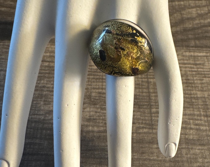 Gold/Black Design Statement Murano Glass Ring - Size 9 1/4