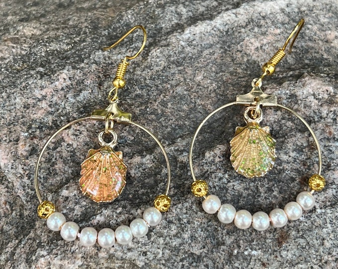 Shell & Pearl Bead Hoop Earrings