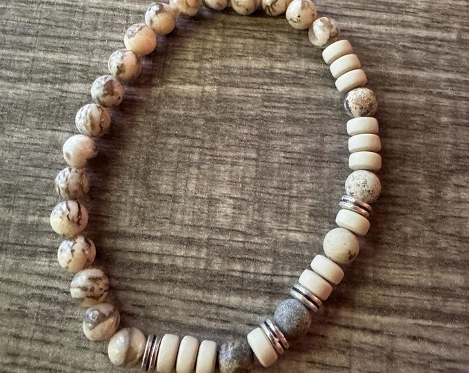 Feldspar Bead Stretch Bracelet  | Beaded Bracelet | Morse code -Badass | Message in a bracelet | Quote Bracelet | Mens Bracelet
