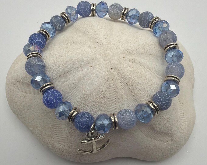 Anchor Charm Stretch Bracelet | Blue Crackle Beaded Bracelet
