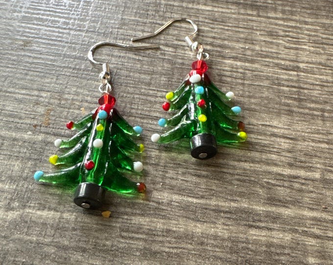 Christmas Tree Lampwork Glass Earrings