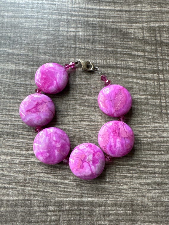 Pink Agate Bead Bracelet with Swarovski Crystals