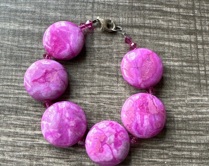 Pink Agate Bead Bracelet with Swarovski Crystals