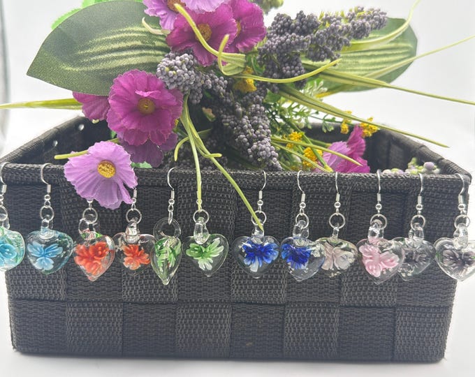 Heart Flower Drop Earrings | Murano Inspired Glass Earrings | Colorful Flower Earrings