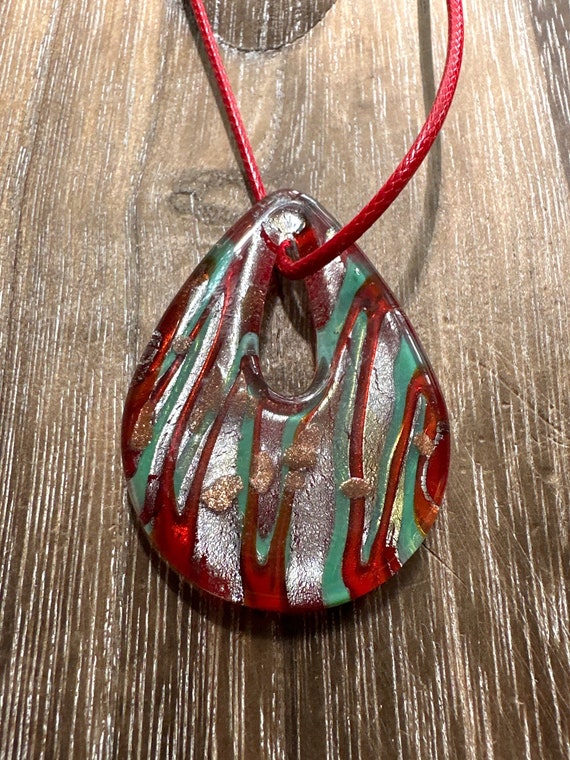 Red/Silver/Green Teardop Pendant | Lampwork Teardrop Pendant Necklace