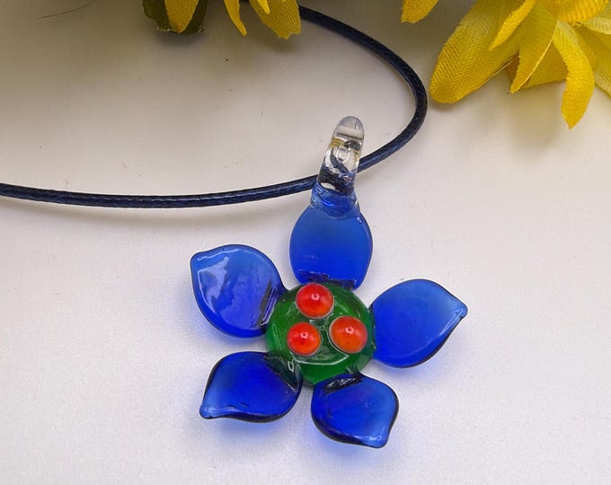Blue Flower Pendant | Lampwork Glass Flower Pendant Necklace