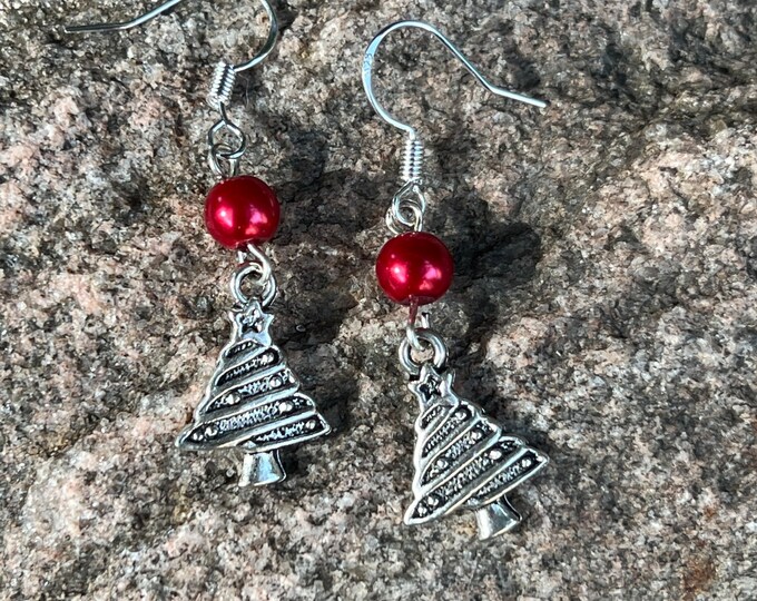 Christmas Tree & Red Pearl Earrings