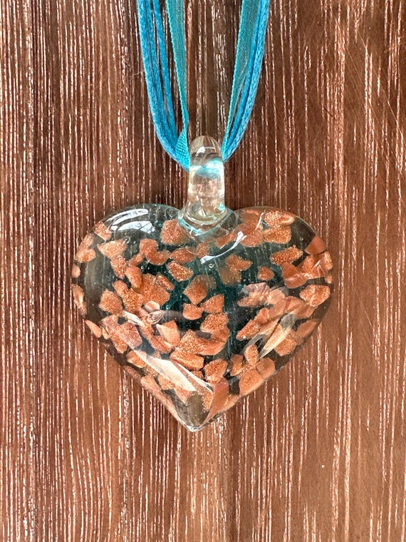 Blue/Gold Heart Pendant | Lampwork Glass Heart Pendant Necklace