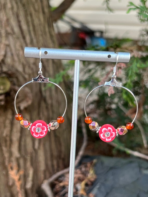 Red Flower Hoop Earrings