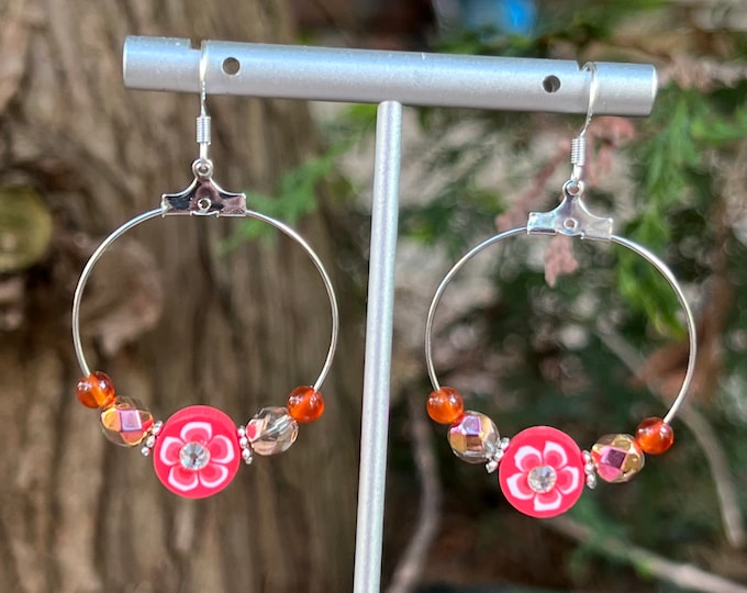 Red Flower Hoop Earrings