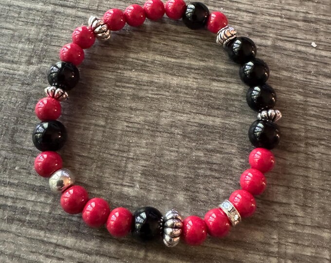 Red Coral and Black Agate Stretch Bracelet | Beaded Bracelet | Morse code - Survivor | Message in a Bracelet  | Quote Bracelet
