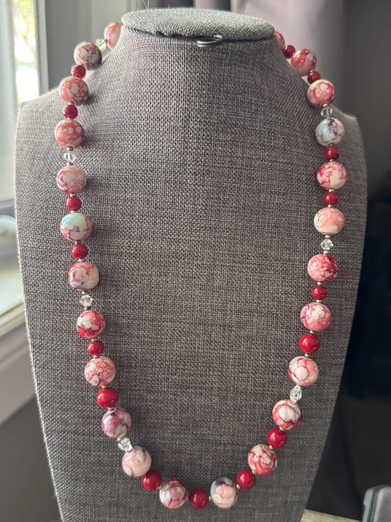 Statement Necklace | Coral Gemstone Necklace | Swarovski Crystals Necklace | Red and White Necklace