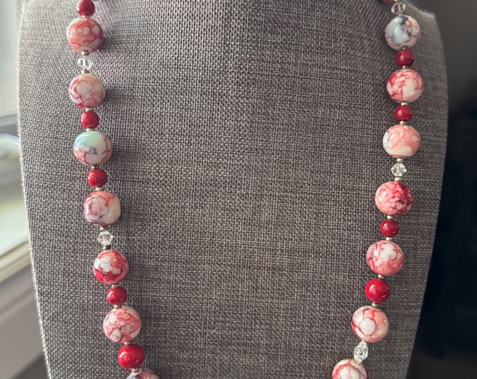 Statement Necklace | Coral Gemstone Necklace | Swarovski Crystals Necklace | Red and White Necklace