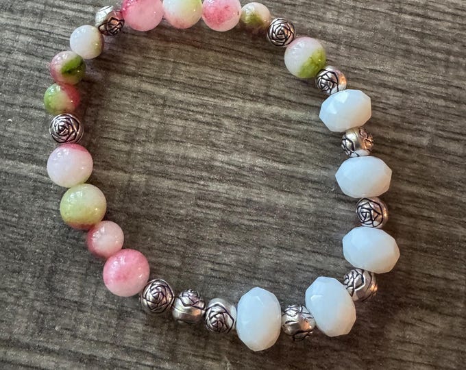 Watermelon Jade Stretch Bracelet | Beaded bracelet | Morse code - Love | Message in a Bracelet | Quote Bracelet