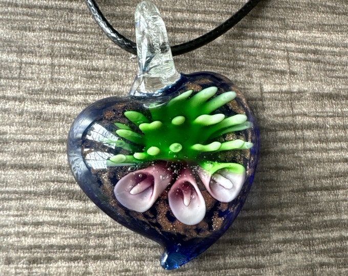 Blue Heart w/Pink Flower Pendant | Heart Pendant Necklace