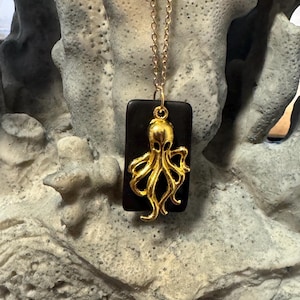 Seaglass Necklaces | Black Seaglass | Seaglass Necklace with Charm | Octopus Charm