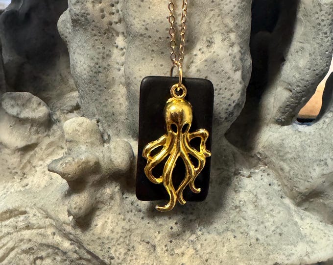 Seaglass Necklaces | Black Seaglass | Seaglass Necklace with Charm | Octopus Charm