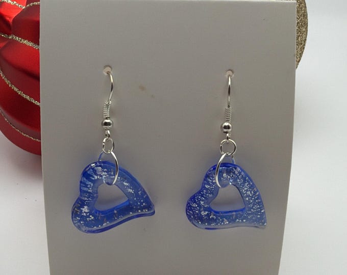 Blue Heart Lampwork Glass Earrings | Murano Inspired Glass Earrings | Heart Earrings