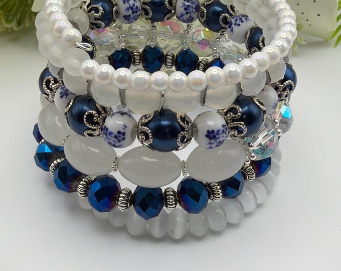Blue/White Multi Strand Memory Wire Bracelet