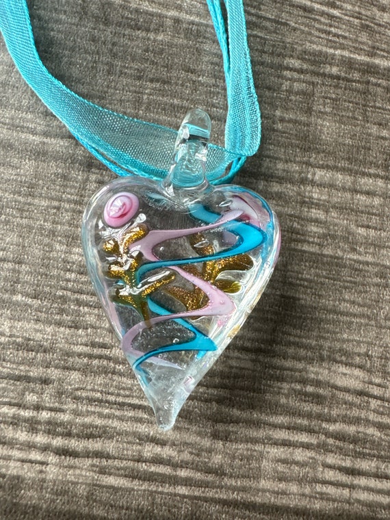 Blue/Pink Heart Pendant |Murano Glass Heart | Swirl Heart Pendant Necklace