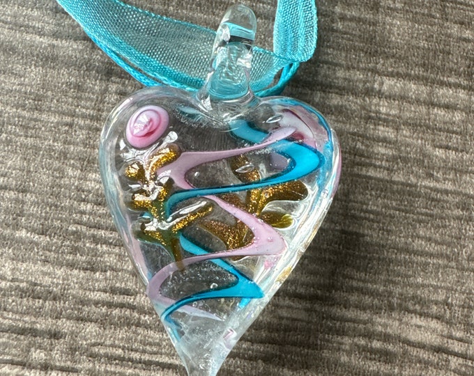 Blue/Pink Heart Pendant |Murano Glass Heart | Swirl Heart Pendant Necklace