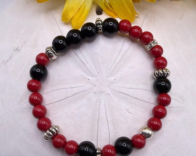 Red Coral and Black Agate Stretch Bracelet | Beaded Bracelet | Morse code - Survivor | Message in a Bracelet  | Quote Bracelet
