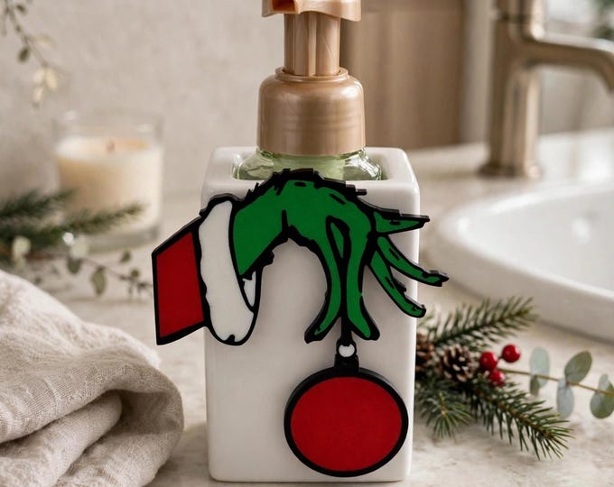 Christmas Soap Dispenser Holder – 3D Printed Green Character Hand Decor, Holiday Bathroom Gift