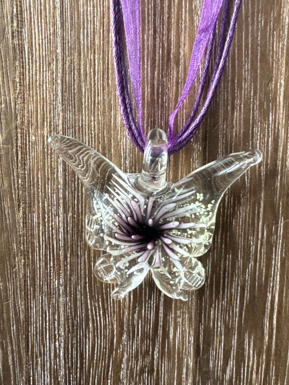 Purple Luminous Flower Lampwork Glass Butterfly Pendant Necklace*