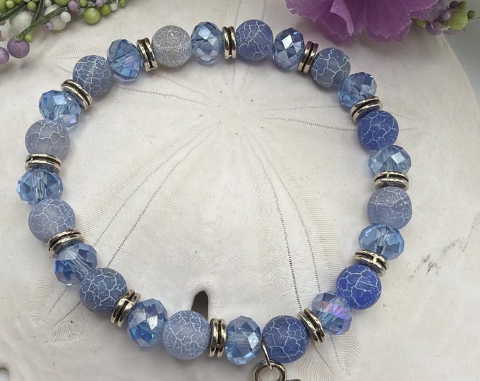 Anchor Charm Stretch Bracelet | Blue Crackle Beaded Bracelet