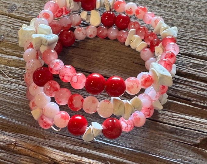 Red Coral & White Howlite Chips Memory Wire Bracelet | Wrap Bracelet | Red Coral Bracelet
