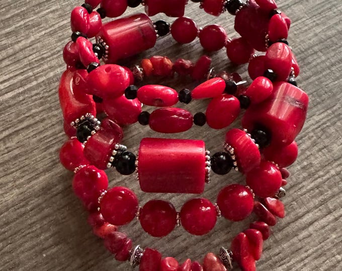 Red Coral & Dolomite Bead Memory Wire Bracelet | Wrap Bracelet | Red Coral Bracelet