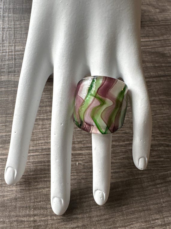 Green/White/Purple Striped Ring | Murano Glass Ring | Striped Lampwork Ring - Size 7 3/4